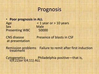Prognosis
• Poor prognosis in ALL
Age
< 1 year or > 10 years
Sex
Male
Presenting WBC
50000

CNS disease
at presentation

Presence of blasts in CSF

Remission problems Failure to remit after first induction
treatment
Cytogenetics
Philadelphia positive—that is,
t(9;22)or t(4;11) ALL

 