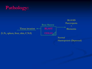 Pathology:
BLAST
CELLS
Tissue invasion
(L.N., spleen, liver, skin, C.N.S)
BLOOD
Pancytopenia
+
Blastaemia
Normal
Haemopoiesis (Depressed)
Bone Marrow
 