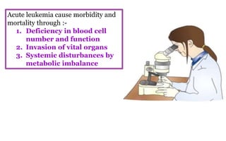 Acute leukemia cause morbidity and
mortality through :-
1. Deficiency in blood cell
number and function
2. Invasion of vital organs
3. Systemic disturbances by
metabolic imbalance
 