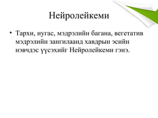 Нейролейкеми
• Тархи, нугас, мэдрэлийн багана, вегетатив
мэдрэлийн зангилаанд хавдрын эсийн
нэвчдэс үүсэхийг Нейролейкеми гэнэ.
 
