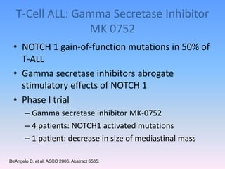T-Cell ALL: Gamma Secretase Inhibitor
MK 0752
• NOTCH 1 gain-of-function mutations in 50% of
T-ALL
• Gamma secretase inhibitors abrogate
stimulatory effects of NOTCH 1
• Phase I trial
– Gamma secretase inhibitor MK-0752
– 4 patients: NOTCH1 activated mutations
– 1 patient: decrease in size of mediastinal mass
DeAngelo D, et al. ASCO 2006. Abstract 6585.
 
