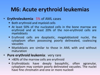 M6: Acute erythroid leukemias
• Erythroleukemia: 5% of AML cases
 Both erythroid and myeloid cells
 At least 50% of the nucleated cells in the bone marrow are
erythroid and at least 20% of the non-erythroid cells are
myeloblasts
 Erythroid cells are dysplastic, megaloblastoid nuclei, the
cytoplasm often possessing poorly delineated, coalescing
vacuoles
 Myeloblasts are similar to those in AML with and without
maturation
• Pure erythroid leukemia: very rare
 >80% of the marrow cells are erythroid
 Erythroblasts have deeply basophilic, often agranular,
cytoplasm may contain poorly delineated vacuoles. The nuclei
have fine chromatin and one or more nucleoli
 