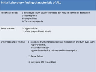Initial Laboratory finding characteristic of ALL
Peripheral Blood: 1- Leukocyte count usually increased but may be normal or decreased.
2- Neutropenia
3- Lymphoblast
4- Thrombocytopenia
Bone Marrow: 1- Hypercellular
2- >20% lymphoblast ( WHO)
Other laboratory finding: 1- associated with increased cellular metabolism and turn over such:
Hyperuricemia.
incrased serum LD.
hypercalacemia due to increased BM resorption.
2- Renal failure.
3- increased CSF lymphblast.
 