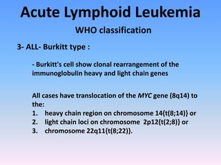 Acute Lymphoid Leukemia
WHO classification
- Burkitt's cell show clonal rearrangement of the
immunoglobulin heavy and light chain genes
3- ALL- Burkitt type :
All cases have translocation of the MYC gene (8q14) to
the:
1. heavy chain region on chromosome 14{t(8;14)} or
2. light chain loci on chromosome 2p12{t(2;8)} or
3. chromosome 22q11{t(8;22)}.
 
