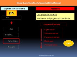 Clinical Evaluation of Acute Ischemia (Clinical Picture)
Signs of acute ischemia
5Ps
Pain: symptom
+
Pulseless
Pale
Parasthesia
Paralysis
Palpation
Loss of sensory function
Numbness will progress to anesthesia
Progress of Sensory loss
Light touch
Vibration sense
Proprioreception
Deep pain
Pressure sense
Late
sumeryadav2004@gmail.com
 