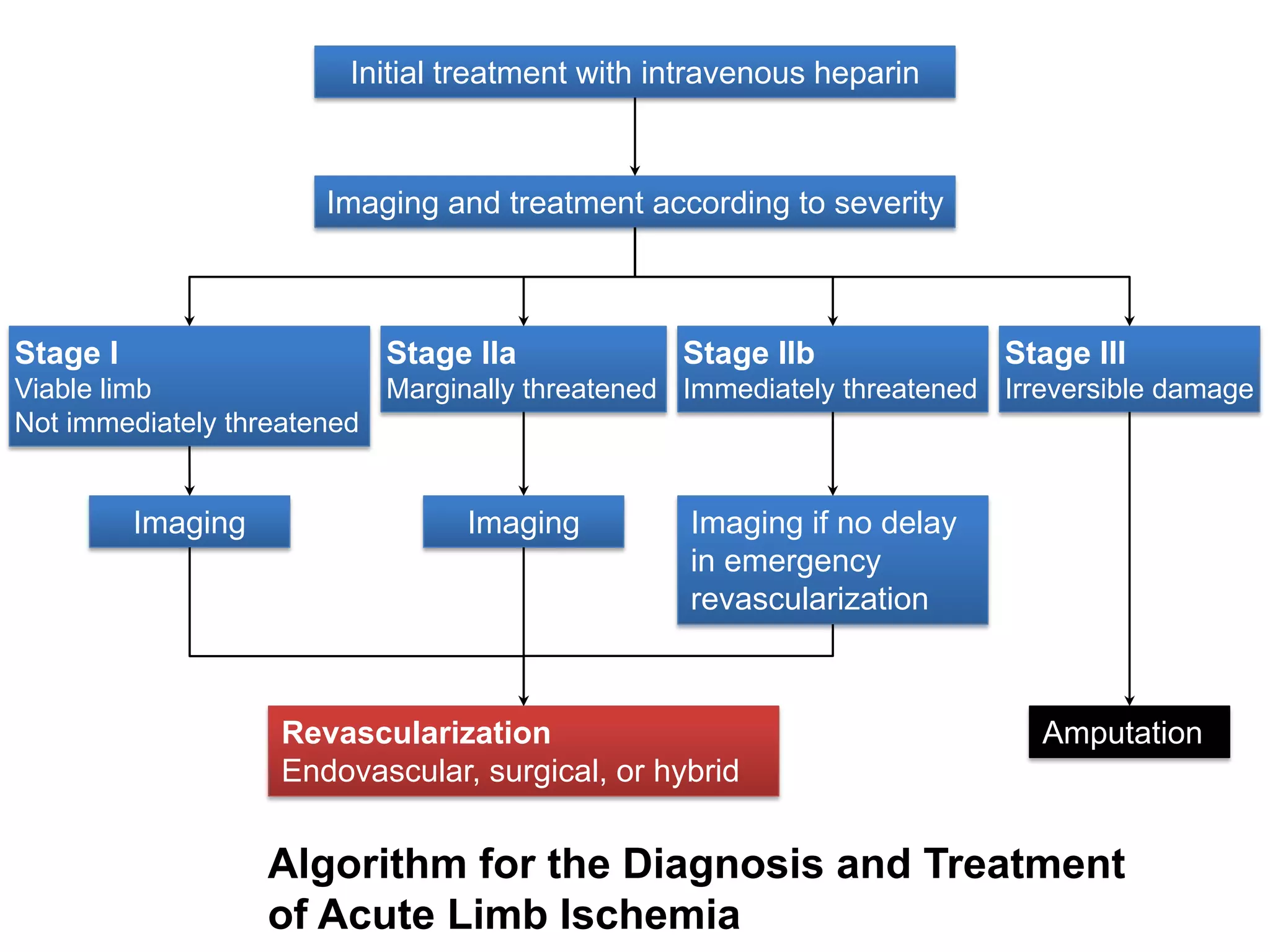 Initial treatment with intravenous heparin



                       Imaging and treatment according to severity



Stage I                    Stage IIa             Stage IIb              Stage III
Viable limb                Marginally threatened Immediately threatened Irreversible damage
Not immediately threatened


          Imaging                Imaging         Imaging if no delay
                                                 in emergency
                                                 revascularization



                    Revascularization                                      Amputation
                    Endovascular, surgical, or hybrid


                    Algorithm for the Diagnosis and Treatment
                    of Acute Limb Ischemia
 