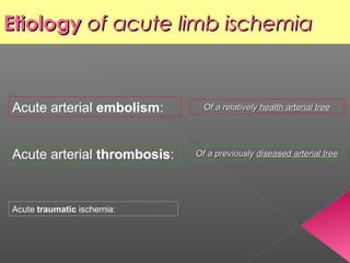 Etiology of acute limb ischemia



Acute arterial embolism:       Of a relatively health arterial tree




Acute arterial thrombosis:   Of a previously diseased arterial tree




Acute traumatic ischemia:
 