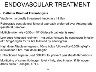 ENDOVASCULAR TREATMENT
• Catheter Directed Thrombolysis
Viable to marginally threatened limb(class I & IIa)
Retrograde contralateral femoral approach preferred over Anterograde
ipsilateral Femoral
Multiple side hole 45/55cm 5F Glidecath catheter is used
Low dose Alteplase regimen: 1mg bolus followed by continuous infusion
of 0.5mg-1mg/hr for 12 hrs followed by arteriogram
High dose Alteplase regimen: 10mg bolus followed by 0.005mg/kg/hr
infusion for 6 hrs, max dose 4mg/hr.
Unfractioned heparin used 500U/hr to prevent peri sheath thrombosis
Monitoring of serum fibrinogen level 4 hrly, stop infusion if fibrinogen
drops below 100mg/dl, aPTT.
28
 