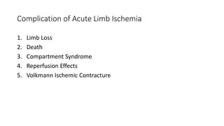 Complication of Acute Limb Ischemia
1. Limb Loss
2. Death
3. Compartment Syndrome
4. Reperfusion Effects
5. Volkmann Ischemic Contracture
 