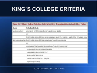 KING`S COLLEGE CRITERIA
ACUTE LIVER FAILURE (AASLD 2011)
 