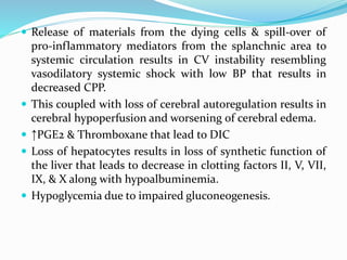  Release of materials from the dying cells & spill-over of
pro-inflammatory mediators from the splanchnic area to
systemic circulation results in CV instability resembling
vasodilatory systemic shock with low BP that results in
decreased CPP.
 This coupled with loss of cerebral autoregulation results in
cerebral hypoperfusion and worsening of cerebral edema.
 ↑PGE2 & Thromboxane that lead to DIC
 Loss of hepatocytes results in loss of synthetic function of
the liver that leads to decrease in clotting factors II, V, VII,
IX, & X along with hypoalbuminemia.
 Hypoglycemia due to impaired gluconeogenesis.
 