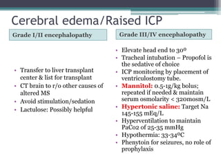 Cerebral edema/Raised ICP
Grade I/II encephalopathy Grade III/IV encephalopathy
• Transfer to liver transplant
center & list for transplant
• CT brain to r/o other causes of
altered MS
• Avoid stimulation/sedation
• Lactulose: Possibly helpful
• Elevate head end to 30⁰
• Tracheal intubation – Propofol is
the sedative of choice
• ICP monitoring by placement of
ventriculostomy tube.
• Mannitol: 0.5-1g/kg bolus;
repeated if needed & maintain
serum osmolarity < 320mosm/L
• Hypertonic saline: Target Na
145-155 mEq/L
• Hyperventilation to maintain
PaCo2 of 25-35 mmHg
• Hypothermia: 33-34⁰C
• Phenytoin for seizures, no role of
prophylaxis
 