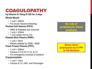 COAGULOPATHY
Inj Vitamin K 10mg IV OD for 3 days
Whole Blood:
• 1 unit = 450ml
• For acute massive bleeding
Packed Cell Volume (PCV):
• WBC & Platelets are removed
• 1 unit = 250ml
• 1 unit raises Hct by 3%
Platelet Rich Plasma (PRP):
• 1 unit = 50ml
• Raises platelet by 5000 - 8000
Fresh Frozen Plasma (FFP):
• 1 unit = 250ml
• Factors 2,7,9,10,11,12, & 13
• For emergency reversal of warfarin
Cryoprecipitate:
• 1 unit = 10ml
• Factors 8,13, vWF, and Fibrinogen
No role of
prophylactic blood
products
Stress Ulcer
prophylaxis by IV PPI
or H2 blockers
 