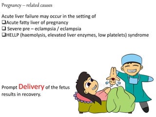 Pregnancy – related causes
Acute liver failure may occur in the setting of
Acute fatty liver of pregnancy
 Severe pre – eclampsia / eclampsia
HELLP (haemolysis, elevated liver enzymes, low platelets) syndrome
Prompt Deliveryof the fetus
results in recovery.
 
