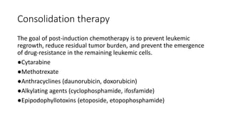 Consolidation therapy
The goal of post-induction chemotherapy is to prevent leukemic
regrowth, reduce residual tumor burden, and prevent the emergence
of drug-resistance in the remaining leukemic cells.
●Cytarabine
●Methotrexate
●Anthracyclines (daunorubicin, doxorubicin)
●Alkylating agents (cyclophosphamide, ifosfamide)
●Epipodophyllotoxins (etoposide, etopophosphamide)
 