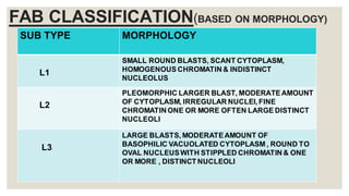 FAB CLASSIFICATION(BASED ON MORPHOLOGY)
SUB TYPE MORPHOLOGY
L1
SMALL ROUND BLASTS, SCANT CYTOPLASM,
HOMOGENOUS CHROMATIN & INDISTINCT
NUCLEOLUS
L2
PLEOMORPHIC LARGER BLAST, MODERATEAMOUNT
OF CYTOPLASM, IRREGULAR NUCLEI, FINE
CHROMATIN ONE OR MORE OFTEN LARGE DISTINCT
NUCLEOLI
L3
LARGE BLASTS, MODERATEAMOUNT OF
BASOPHILIC VACUOLATED CYTOPLASM , ROUND TO
OVAL NUCLEUSWITH STIPPLED CHROMATIN & ONE
OR MORE , DISTINCT NUCLEOLI
 