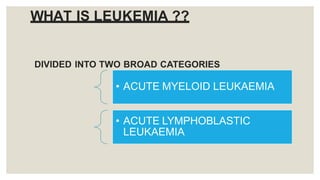 WHAT IS LEUKEMIA ??
DIVIDED INTO TWO BROAD CATEGORIES
• ACUTE MYELOID LEUKAEMIA
• ACUTE LYMPHOBLASTIC
LEUKAEMIA
 