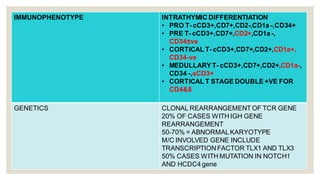 IMMUNOPHENOTYPE INTRATHYMIC DIFFERENTIATION
• PRO T- cCD3+,CD7+,CD2-,CD1a -,CD34+
• PRE T- cCD3+,CD7+,CD2+,CD1a -,
CD34±ve
• CORTICAL T- cCD3+,CD7+,CD2+,CD1a+,
CD34-ve
• MEDULLARY T- cCD3+,CD7+,CD2+,CD1a-,
CD34 -,sCD3+
• CORTICAL T STAGE DOUBLE +VE FOR
CD4&8
GENETICS CLONAL REARRANGEMENT OF TCR GENE
20% OF CASES WITH IGH GENE
REARRANGEMENT
50-70% = ABNORMALKARYOTYPE
M/C INVOLVED GENE INCLUDE
TRANSCRIPTIONFACTOR TLX1 AND TLX3
50% CASES WITH MUTATION IN NOTCH1
AND HCDC4 gene
 