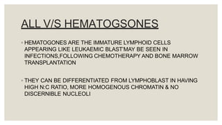 ALL V/S HEMATOGSONES
◦ HEMATOGONES ARE THE IMMATURE LYMPHOID CELLS
APPEARING LIKE LEUKAEMIC BLAST’MAY BE SEEN IN
INFECTIONS,FOLLOWING CHEMOTHERAPY AND BONE MARROW
TRANSPLANTATION
◦ THEY CAN BE DIFFERENTIATED FROM LYMPHOBLAST IN HAVING
HIGH N:C RATIO, MORE HOMOGENOUS CHROMATIN & NO
DISCERNIBLE NUCLEOLI
 