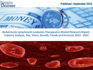 Published : September 2016
Global Acute Lymphocytic Leukemia Therapeutics Market Research Report -
Industry Analysis, Size, Share, Growth, Trends and Forecast, 2015 - 2022
 