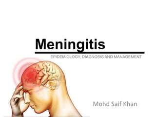 Meningitis
Mohd Saif Khan
EPIDEMIOLOGY, DIAGNOSIS AND MANAGEMENT
 