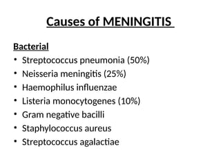 Bacterial
• Streptococcus pneumonia (50%)
• Neisseria meningitis (25%)
• Haemophilus influenzae
• Listeria monocytogenes (10%)
• Gram negative bacilli
• Staphylococcus aureus
• Streptococcus agalactiae
Causes of MENINGITIS
 