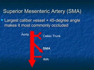 Superior Mesenteric Artery (SMA)Superior Mesenteric Artery (SMA)
 Largest caliber vessel + 45-degree angleLargest caliber vessel + 45-degree angle
makes it most commonly occludedmakes it most commonly occluded
Celiac Trunk
IMA
SMA
Aorta
 