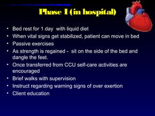 Phase I (in hospital)
• Bed rest for 1 day with liquid diet
• When vital signs get stabilized, patient can move in bed
• Passive exercises
• As strength is regained - sit on the side of the bed and
dangle the feet.
• Once transferred from CCU self-care activities are
encouraged
• Brief walks with supervision
• Instruct regarding warning signs of over exertion
• Client education
 