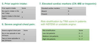 5. Prior aspirin intake: 
Prior aspirin intake Score 
No aspirin intake in the 
0 
last 7 days 
Aspirin intake in the last 
7 days 
1 
6. Severe anginal chest pain: 
Severe anginal chest pain Score 
No or one episode in last 
0 
24 hours 
Two or more episodes in 
last 24 hours 
1 
7. Elevated cardiac markers (CK–MB or troponin): 
Elevated cardiac markers Score 
Absent 0 
Present 1 
Risk stratification by TIMI score in patients 
with NSTEMI or unstable angina: 
Risk stratification Score 
Low risk patients 0 – 2 
Medium risk patients 3 – 4 
High risk patients 5 – 7 
 