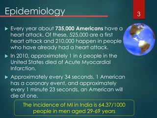 Epidemiology
 Every year about 735,000 Americans have a
heart attack. Of these, 525,000 are a first
heart attack and 210,000 happen in people
who have already had a heart attack.
 In 2010, approximately 1 in 6 people in the
United States died of Acute Myocardial
Infarction.
 Approximately every 34 seconds, 1 American
has a coronary event, and approximately
every 1 minute 23 seconds, an American will
die of one.
3
The incidence of MI in India is 64.37/1000
people in men aged 29-69 years
 