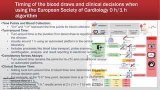 Timing of the blood draws and clinical decisions when
using the European Society of Cardiology 0 h/1 h
algorithm
•Abbreviations:CPO = Chest Pain Onset
•CPR = Cardiopulmonary Resuscitation
•ECG = Electrocardiogram/Electrocardiography
•hs-cTn = High-Sensitivity Cardiac Troponin
•MACE = Major Adverse Cardiovascular Events
•MI = Myocardial Infarction
•Time Points and Blood Collection:
• "0 h" and "1 h" represent the time points for blood collection.
•Turn-around Time:
• Turn-around time is the duration from blood draw to reporting results to
the clinician.
• Usually around 1 h using an automated platform in the central
laboratory.
• Includes processes like blood tube transport, probe scanning,
centrifugation, analysis, and result reporting to electronic records.
•Consistency Across Assays:
• Turn-around time remains the same for hs-cTn and conventional assays
on automated platforms.
•Clinical Decision Time:
• Adding local turn-around time to blood draw time determines the earliest
clinical decision point.
• For example, at the "0 h" time point, decision time is at 1 h if local turn-
around time is 1 h.
• For blood drawn at "1 h," results arrive at 2 h (1 h + 1 h) with a 1-hour
local turn-around time.
 