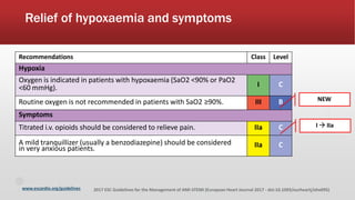 www.escardio.org/guidelines 2017 ESC Guidelines for the Management of AMI-STEMI (European Heart Journal 2017 - doi:10.1093/eurheartj/ehx095)
Relief of hypoxaemia and symptoms
Recommendations Class Level
Hypoxia
Oxygen is indicated in patients with hypoxaemia (SaO2 <90% or PaO2
<60 mmHg). I C
Routine oxygen is not recommended in patients with SaO2 ≥90%. III B
Symptoms
Titrated i.v. opioids should be considered to relieve pain. IIa C
A mild tranquillizer (usually a benzodiazepine) should be considered
in very anxious patients. IIa C
NEW
I  IIa
 