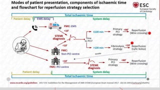 FMC:EMS
FMC: Non-PCI Center
FMC: PCI Center
<10’
<10’
<10’ Time
to PCI
≤ 120’
> 120’
Strategy (Wire
crossing)
Primary PCI <90’ Reperfusion
Fibrinolysis <10’ Reperfusion
strategy (Lytic bolus)
Reperfusion
(Wire
crossing)
Primary PCI <60’
Strategy
Transfer to
PCI centre
FMC: first Medical Contact
EMS: Emergency Medical System
PCI: Percutaneous Coronary
Intervention
Patient Delay SystemDelay
Total ischaemic Time
Stable STEMI
Patients
 