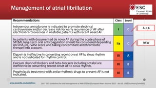 www.escardio.org/guidelines 2017 ESC Guidelines for the Management of AMI-STEMI (European Heart Journal 2017 - doi:10.1093/eurheartj/ehx095)
Management of atrial fibrillation
Recommendations Class Level
Intravenous amiodarone is indicated to promote electrical
cardioversion and/or decrease risk for early recurrence of AF after
electrical cardioversion in unstable patients with recent onset AF.
I C
In patients with documented de novo AF during the acute phase of
STEMI, long-term oral anticoagulation should be considered depending
on CHA2DS2-VASc score and taking concomitant antithrombotic
therapy into account.
IIa C
Digoxin is ineffective in converting recent onset AF to sinus rhythm
and is not indicated for rhythm control. III A
Calcium channel blockers and beta-blockers including sotalol are
ineffective in converting recent onset AF to sinus rhythm. III B
Prophylactic treatment with antiarrhythmic drugs to prevent AF is not
indicated. III B
A -> C
NEW
 