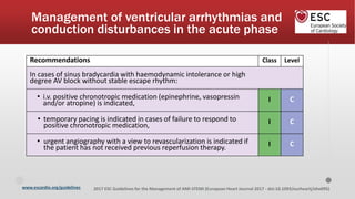 www.escardio.org/guidelines 2017 ESC Guidelines for the Management of AMI-STEMI (European Heart Journal 2017 - doi:10.1093/eurheartj/ehx095)
Recommendations Class Level
In cases of sinus bradycardia with haemodynamic intolerance or high
degree AV block without stable escape rhythm:
• i.v. positive chronotropic medication (epinephrine, vasopressin
and/or atropine) is indicated, I C
• temporary pacing is indicated in cases of failure to respond to
positive chronotropic medication, I C
• urgent angiography with a view to revascularization is indicated if
the patient has not received previous reperfusion therapy. I C
Management of ventricular arrhythmias and
conduction disturbances in the acute phase
 