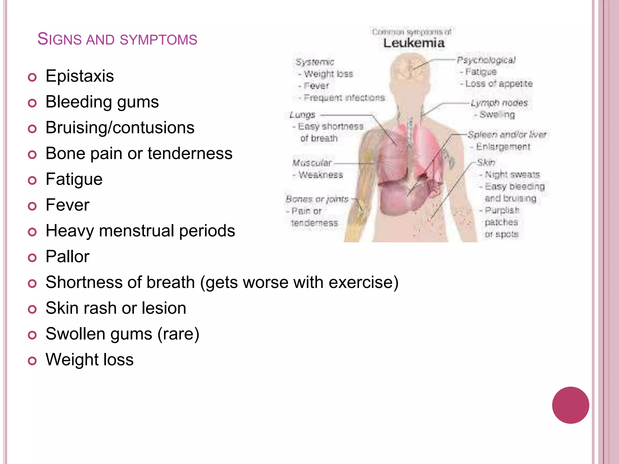 SIGNS AND SYMPTOMS

   Epistaxis
   Bleeding gums
   Bruising/contusions
   Bone pain or tenderness
   Fatigue
   Fever
   Heavy menstrual periods
   Pallor
   Shortness of breath (gets worse with exercise)
   Skin rash or lesion
   Swollen gums (rare)
   Weight loss
 