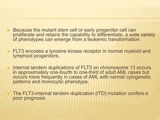  Because the mutant stem cell or early progenitor cell can
proliferate and retains the capability to differentiate, a wide variety
of phenotypes can emerge from a leukemic transformation.
 FLT3 encodes a tyrosine kinase receptor in normal myeloid and
lymphoid progenitors.
 Internal tandem duplications of FLT3 on chromosome 13 occurs
in approximately one-fourth to one-third of adult AML cases but
occurs more frequently in cases of AML with normal cytogenetic
patterns and monocytic phenotype.
 The FLT3-internal tandem duplication (ITD) mutation confers a
poor prognosis
 