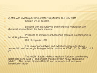  2) AML with inv(16)(p13;q22) or t(16;16)(p13;22); CBFB-MYH11
 - Seen in 7% of patients
 - presents with granulocytic and monocytic maturation with
abnormal eosinophils in the bone marrow.
 - Presence of immature or basophilic granules in eosinophils is
the striking feature
 - Cell of origin is HSC
 - The immunophenotypic and cytochemical results shows
neutrophilic and monocytic lineages ie it is positive for CD13, 33, 34, MPO, HLA
DR
 - The inv(16) & t(16;16) both results in fusion of core binding
factor beta gene (CBFB) and smooth muscle myosin heavy chain gene
(MYH11). This protein binds to RUNX1 and represses its function as
transcription factor.
 