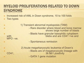 MYELOID PROLIFERATIONS RELATED TO DOWN
SYNDROME
 Increased risk of AML in Down syndrome, 10 to 100 folds
 Two types
 1) Transient abnormal myelopoisis (TAM)
 - Rare disorder where blood and bone marrow
shows large number of blasts
 - Blasts have granular basophilic cytoplasm
with blebs and are CD41 +ve and
MPO –ve.
 - Spontaneous remission
 2) Acute megarkaryocytic leukemia of Down’s
 - Blasts are of megakaryocytic lineage with
CD41, 36 &61 positivity
 - GATA 1 gene mutation
 