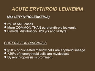 ACUTE ERYTHROID LEUKEMIA 
M6a (ERYTHROLEUKEMIA) 
5% of AML cases 
More COMMON THAN pure erythroid leukemia. 
Bimodal distribution- <20 yrs and >60yrs. 
CRITERIA FOR DIAGNOSIS 
>50% of nucleated marrow cells are erythroid lineage 
>20% of nonerythroid cells are myeloblast 
Dyserythropoiesis is prominent 
 