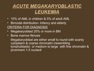 ACUTE MEGAKARYOBLASTIC 
LEUKEMIA 
• 10% of AML in children & 5% of adult AML 
• Bimodal distribution- Infancy and elderly 
CRITERIA FOR DIAGNOSIS 
• Megakaryoblast 20% or more in BM 
• Bone marrow fibrosis 
Megakaryoblast are either small to round with scanty 
cytoplasm & coarse chromatin (resembling 
lymphoblasts) or medium to large with fine chromatin & 
prominent 1-3 nucleoli 
 