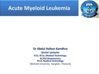 Acute Myeloid Leukemia
Dr Abdul Hafeez Kandhro
Senior Lecturer
B.Sc, M.Sc; Medical Technology,
M.Phil Biochemistry
Ph.D. Medical Technology
(Mahidol University, Bangkok , Thailand)
 