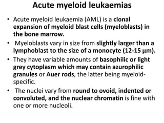 Acute myeloid leukaemias
• Acute myeloid leukaemia (AML) is a clonal
expansion of myeloid blast cells (myeloblasts) in
the bone marrow.
• Myeloblasts vary in size from slightly larger than a
lymphoblast to the size of a monocyte (12-15 μm).
• They have variable amounts of basophilic or light
grey cytoplasm which may contain azurophilic
granules or Auer rods, the latter being myeloid-
specific.
• The nuclei vary from round to ovoid, indented or
convoluted, and the nuclear chromatin is fine with
one or more nucleoli.
 