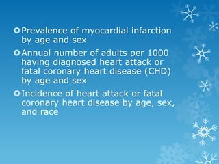 Prevalence of myocardial infarction
by age and sex
Annual number of adults per 1000
having diagnosed heart attack or
fatal coronary heart disease (CHD)
by age and sex
Incidence of heart attack or fatal
coronary heart disease by age, sex,
and race
 