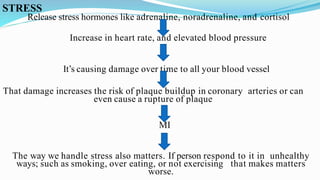 STRESS
Release stress hormones like adrenaline, noradrenaline, and cortisol
Increase in heart rate, and elevated blood pressure
It’s causing damage over time to all your blood vessel
That damage increases the risk of plaque buildup in coronary arteries or can
even cause a rupture of plaque
MI
The way we handle stress also matters. If person respond to it in unhealthy
ways; such as smoking, over eating, or not exercising that makes matters
worse.
 