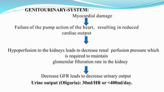 GENITOURINARY-SYSTEM:
Myocardial damage
Failure of the pump action of the heart, resulting in reduced
cardiac output
Hypoperfusion to the kidneys leads to decrease renal perfusion pressure which
is required to maintain
glomerular filteration rate in the kidney
Decrease GFR leads to decrease urinary output
Urine output (Oliguria): 30ml/HR or <400ml/day.
 