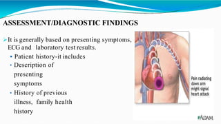 ASSESSMENT/DIAGNOSTIC FINDINGS
It is generally based on presenting symptoms,
ECG and laboratory test results.
 Patient history-it includes
• Description of
presenting
symptoms
• History of previous
illness, family health
history
 