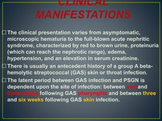  The clinical presentation varies from asymptomatic,
microscopic hematuria to the full-blown acute nephritic
syndrome, characterized by red to brown urine, proteinuria
(which can reach the nephrotic range), edema,
hypertension, and an elevation in serum creatinine.
 There is usually an antecedent history of a group A beta-
hemolytic streptococcal (GAS) skin or throat infection.
 The latent period between GAS infection and PSGN is
dependent upon the site of infection: between one and
three weeks following GAS pharyngitis and between three
and six weeks following GAS skin infection.
 