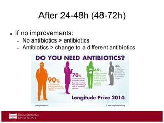 After 24-48h (48-72h)
 If no improvemants:
 No antibiotics > antibiotics
 Antibiotics > change to a different antibiotics
 