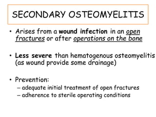 SECONDARY OSTEOMYELITIS
• Arises from a wound infection in an open
fractures or after operations on the bone
• Less severe than hematogenous osteomyelitis
(as wound provide some drainage)
• Prevention:
– adequate initial treatment of open fractures
– adherence to sterile operating conditions
 
